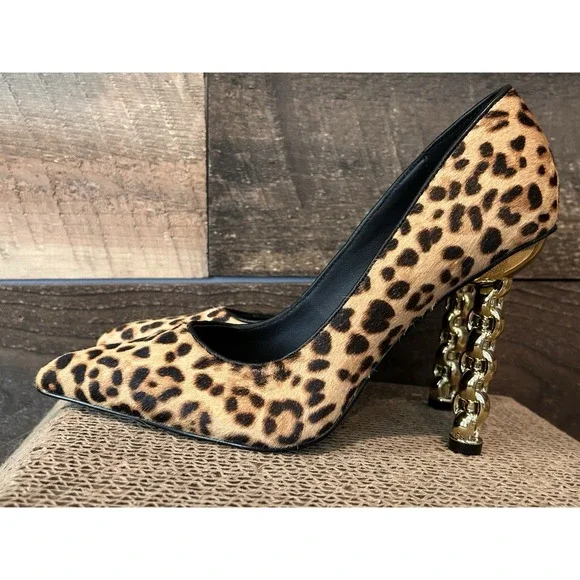 KAT MACONIE Lydia Leopard Pointed Toe Pumps Size 6 Gold Chain Heels Black Brown - Picture 1 of 9